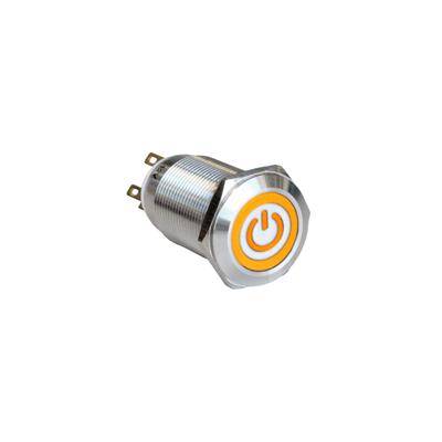 Ein kreisförmiger Metallpower-Knopf mit einem orangefarbenen Power-Symbol, der für die Verwendung an elektronischen Geräten oder Maschinen vorgesehen ist.