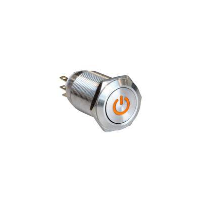 Ein kreisförmiger metallischer Drucktaster mit einem orangefarbenen Schaltsymbol, das seine Funktion als Hauptschalter kennzeichnet.