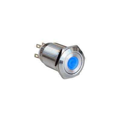 Ein Metalldrucktaster mit blauer LED-Beleuchtung, für den industriellen Einsatz konzipiert.