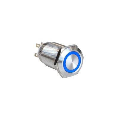 Ein Metalldrucktaster mit einer kreisförmigen blauen LED-Anzeige.