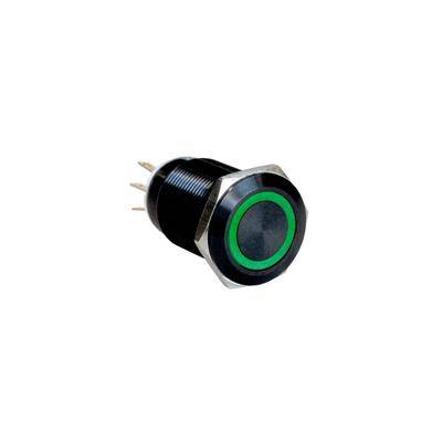 Ein schwarzer Drucktaster mit grünem LED-Ring, ausgestattet mit Metallgewinde für Paneelmontage und mehreren Anschlusspins auf der Rückseite.