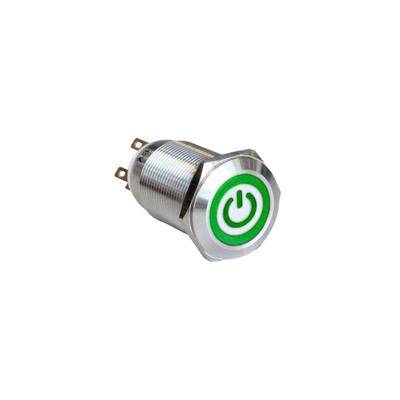 Ein metallischer Drucktaster mit einem grünen Netzsymbol, der zum Ein- und Ausschalten elektronischer Geräte verwendet wird.