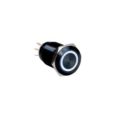 Ein schwarzer Drucktaster mit einem silbernen Ring und mehreren Anschlusspins, der in elektronischen Geräten für Bedienungsfunktionen verwendet wird.