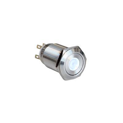 Ein metallischer Drucktaster mit LED-Beleuchtung und Ringdesign, ausgestattet mit einer robusten, zylindrischen Konstruktion und Anschlusspins an der Rückseite.