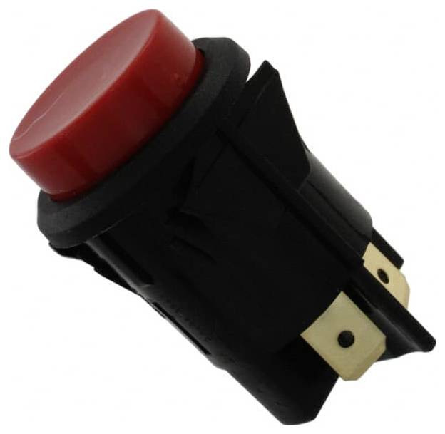 Ein roter Drucktaster mit einem schwarzen Kunststoffgehäuse, der typischerweise in elektronischen Geräten zur Steuerung von Strom oder Signalen verwendet wird.