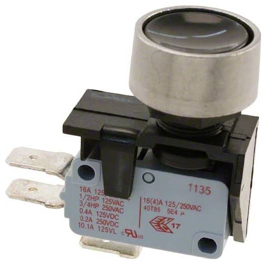 Ein grauer industrieller Drucktaster mit Metallstiften, beschriftet mit '16A 125V' und verschiedenen Spannungsangaben.
