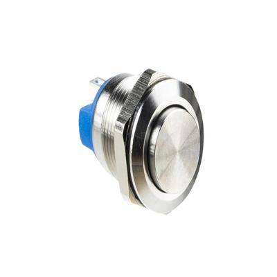 Ein metallischer runder Druckknopf mit blauer Basis, der häufig in der Elektronik zum Aktivieren oder Deaktivieren eines Schaltkreises verwendet wird.