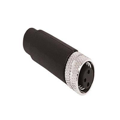 Ein schwarzer dreipinniger DIN-Buchstecker mit Metallgehäuse, der typischerweise für Audio- oder elektronische Verbindungen verwendet wird.