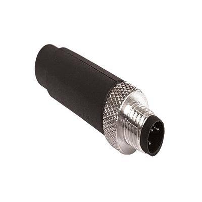 Ein schwarzer und silberner Audioverbinder mit runder Form und mehreren Pins.