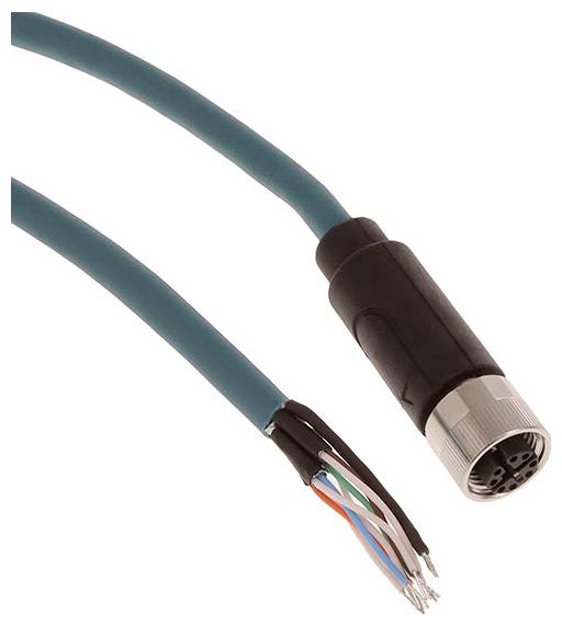 Ein türkisfarbenes Ethernet-Kabel mit einem schwarzen Stecker, bei dem die internen farbigen Leitungen teilweise freigelegt sind.