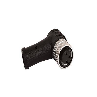 Rechtwinkeliger Metall-XLR-Stecker mit drei Pins für Audiogeräte, ausgestattet mit einem schwarzen Kunststoffgehäuse und silberner Metalloberfläche.