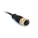 Nahaufnahme eines schwarzen Audiokabels mit einem fünfpoligen DIN-Stecker, der typischerweise für Audiogeräte-Verbindungen verwendet wird.