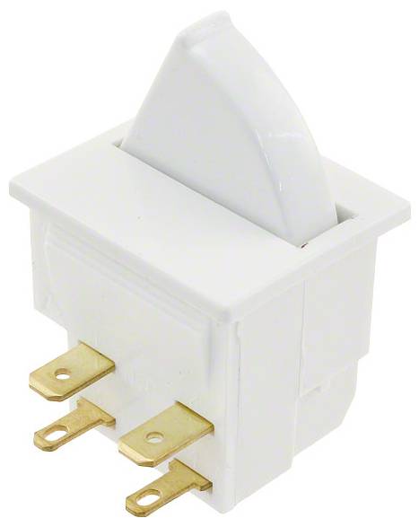 Ein weißer Kippschalter mit drei Messingkontakten, von der Seite betrachtet, möglicherweise für elektrische Geräte.