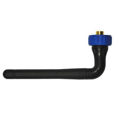Ein schwarzes L-förmiges Plastikrohr mit einer blauen Gewindekappe an einem Ende.