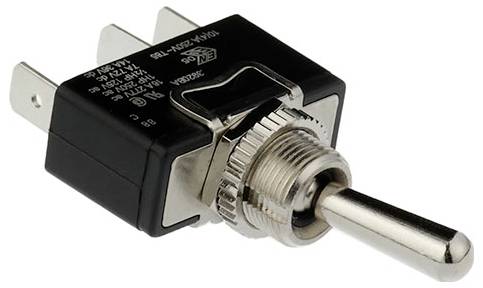Ein Metall-Kippschalter mit drei elektrischen Anschlüssen und beschrifteten Spezifikationen, der zur Steuerung der Stromversorgung in elektronischen Geräten verwendet wird.