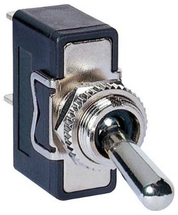 Ein Metall-Kippschalter mit einem zylindrischen Hebel, der auf einer schwarzen rechteckigen Basis montiert ist und zum Ein- und Ausschalten elektronischer Geräte verwendet wird.