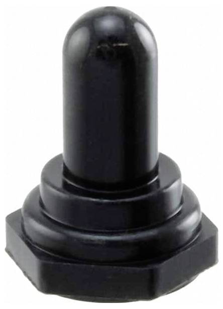Eine schwarze Plastikventilkappe mit rundem Oberteil und sechseckiger Basis.