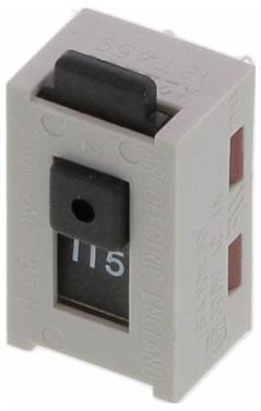 Eine rechteckige graue Kunststoff-Elektrokomponente mit einem schwarzen Schalter, auf dem '115' angezeigt wird.