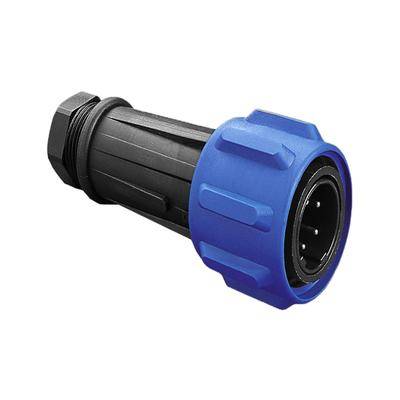 Ein blau-schwarzer Schlauchaufsatz mit einem Gewindeanschluss, konzipiert für Garten- oder industrielle Anwendungen.
