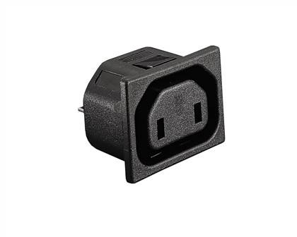Ein schwarzer, rechteckiger Netzadapter mit zwei parallelen Schlitzen und einem kreisförmigen Erdungspin-Schlitz, zum Einbau in eine Bedienblende ausgelegt.