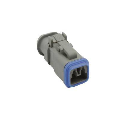 Ein grauer Automotive-Steckverbinder mit einer blauen Dichtung; verfügt über eine rechteckige Form und interne Anschlüsse für elektrische Verbindungen.