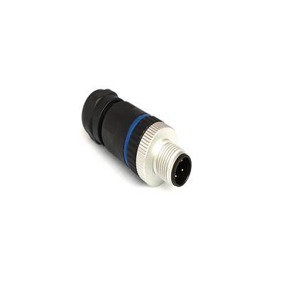 Ein kleiner, zylindrischer elektronischer Stecker mit zwei schwarzen und einem silbernen Segment, der mehrere Anschlüsse zur Verbindung aufweist.