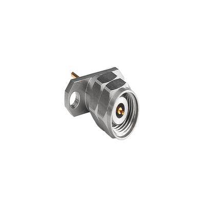 Ein Koaxial-HF-Stecker mit rechtwinkligem Anschluss und sechseckiger Grundfläche, der häufig zum Anschluss von Antennen oder Kabeln in elektronischen Geräten verwendet wird.