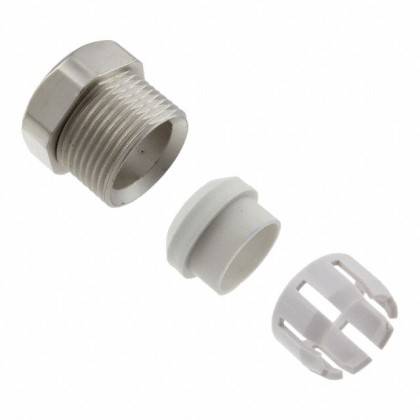 Eine Kabelverschraubung in drei Teilen: ein Metallgehäuse, ein weißer Dichtungsring und ein Kunststoff-Spannelément, zerlegt dargestellt.