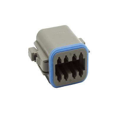Ein sechspoliger grauer elektrischer Stecker mit blauer Dichtung, verwendet für sichere Drahtverbindungen in Automotive- oder Industrieanwendungen.