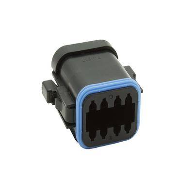 Ein schwarzer und blauer elektrischer Steckverbinder mit mehreren Pins, der für automotive oder elektronische Verkabelungsanwendungen verwendet wird.