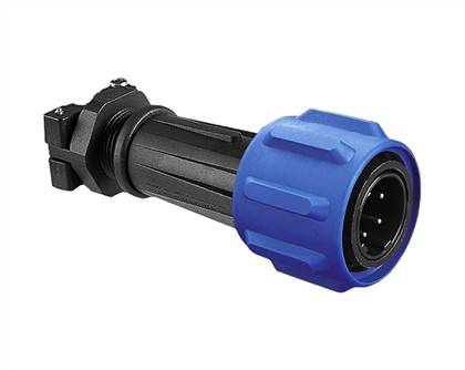 Ein zylindrischer elektrischer Anschluss mit einem schwarzen Gehäuse und einem blauen Verschlussring, der zum sicheren Verbinden von Kabeln entwickelt wurde.