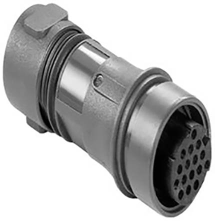 Ein metallischer industrieller Verbinder mit mehreren Pins, der für elektrische Verbindungen in Maschinen und Elektronik verwendet wird.