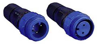 Zwei blaue und schwarze kreisförmige Anschlüsse werden gezeigt, wobei einer Stifte und der andere Buchsen aufweist, was auf ein Stecker- und Buchsenpaar hindeutet.