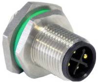 Ein metallischer, zylindrischer Vier-Pin-Stecker mit einem grünen Ring wird gezeigt, der für elektronische oder industrielle Anwendungen verwendet wird.