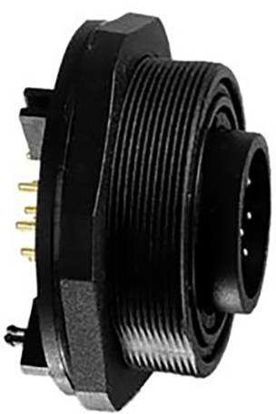 Ein schwarzer, gewindeter, kreisförmiger elektrischer Stecker mit mehreren Goldkontakten, der zur Schnittstelle zwischen elektronischen Geräten verwendet wird.