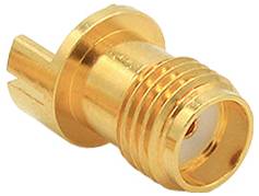 Ein goldfarben beschichteter, gewindeter RF-Koaxial-Einbauverbinder, der zum Anschluss von Kabeln oder Antennen an Geräte verwendet wird.