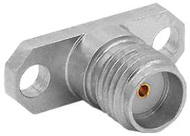 Ein Metall-RF-Koaxialstecker mit Flanschbasis, ausgestattet mit einem zylindrischen Gehäuse und zwei Befestigungslöchern an beiden Seiten zur Anbringung.