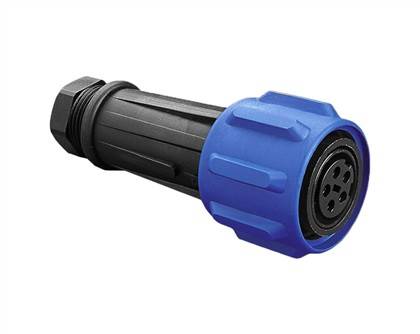 Ein schwarzer industrieller Kabelstecker mit einem strukturierten blauen Griff.