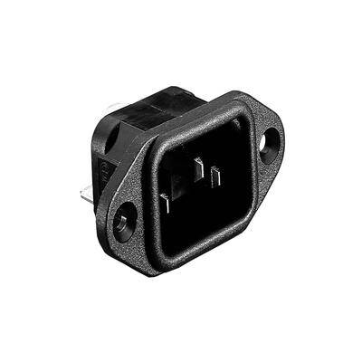 Ein schwarzer, rechteckiger Stromstecker mit Anschlüssen, der für die Befestigung an einem Panel oder Gerät vorgesehen ist und vor einem weißen Hintergrund dargestellt wird.