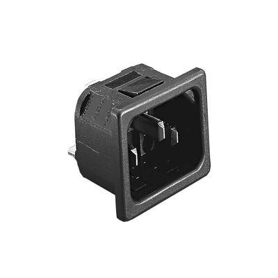 Eine schwarze AC-Netzsteckdose mit rechteckigem Rahmen und drei Stiften, die üblicherweise zum Anschluss von Netzkabeln an elektronische Geräte verwendet wird.