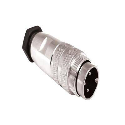 Eine Nahaufnahme eines silbernen XLR-Audioanschlusses mit drei Pins, der für professionelle Audiogeräteverbindungen verwendet wird.