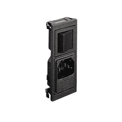 Eine elektrische schwarze Steckdose mit Schalter, die ein rechteckiges Design und einen integrierten Steckereingang aufweist.