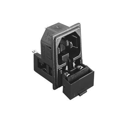 Schwarze IEC C14 Panel-Einbau-Stromsteckdose, die eine dreiadrige Stecker-Buchse und Befestigungsclips zeigt.