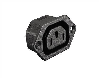 Ein schwarzer rechteckiger Stromstecker mit drei Schlitzen, für die Wandmontage konzipiert, vor einem einfarbigen weißen Hintergrund.