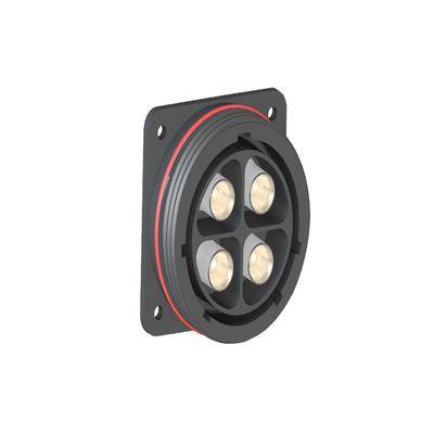 Eine schwarze, kreisförmige industrielle LED-Leuchte mit vier eingelassenen Glühbirnen und einem roten Ring, die auf einem quadratischen schwarzen Sockel mit Löchern in jeder Ecke montiert ist.