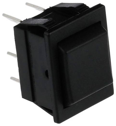 Ein schwarzer rechteckiger Wippschalter mit Metallzungen, der zur Steuerung elektrischer Schaltkreise verwendet wird, aus einem Seitenwinkel dargestellt.