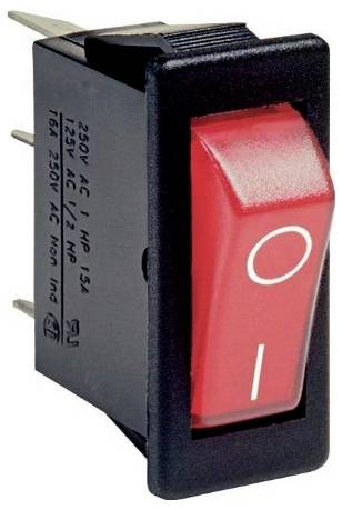 Ein roter, rechteckiger Wippschalter mit einem 'I'-Symbol für 'ein' und einem 'O'-Symbol für 'aus', konzipiert für elektrische Geräte.