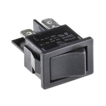 Schwarzer rechteckiger Wippschalter mit Metallanschlüssen, gekennzeichnet mit 250V 15A und ZT1VAC 10K, für elektrische Geräte.