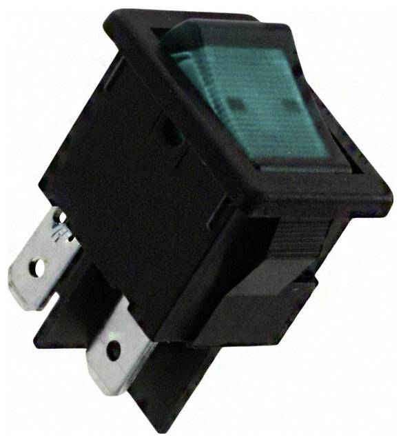 Ein Nahaufnahmebild eines schwarzen elektrischen Kippschalters mit einer grün beleuchteten Linse, der zum Ein- und Ausschalten eines elektronischen Geräts verwendet wird.