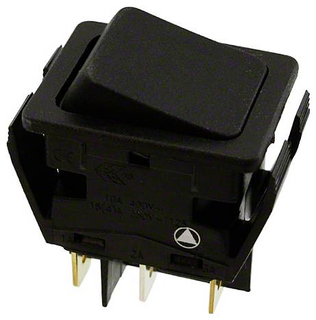 Ein schwarzer Wippschalter mit vier Metallzacken, geeignet für elektronische Geräte, von oben schräg dargestellt.